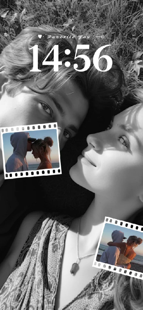 A black and white aesthetic couple wallpaper template featuring two customizable film strip photo inserts and an editable text area at the top.