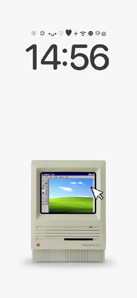 A minimalist live wallpaper template featuring a vintage Macintosh computer with the Windows XP Bliss background on screen.