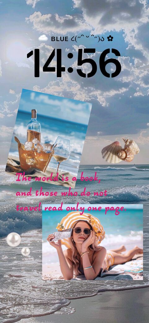 Summer beach aesthetic collage wallpaper template with ocean waves, travel quotes, and customizable photo frames.