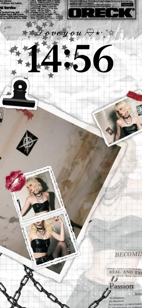 A grunge aesthetic live wallpaper template featuring a blonde girl in a scrapbook collage with newspaper and chains.