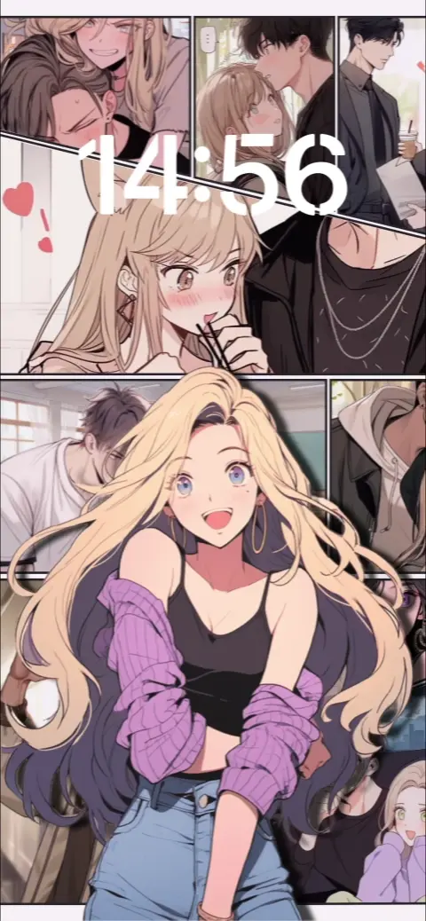 An anime-style manga panel collage template featuring a blonde girl and various romantic couple frames for a customizable live wallpaper.