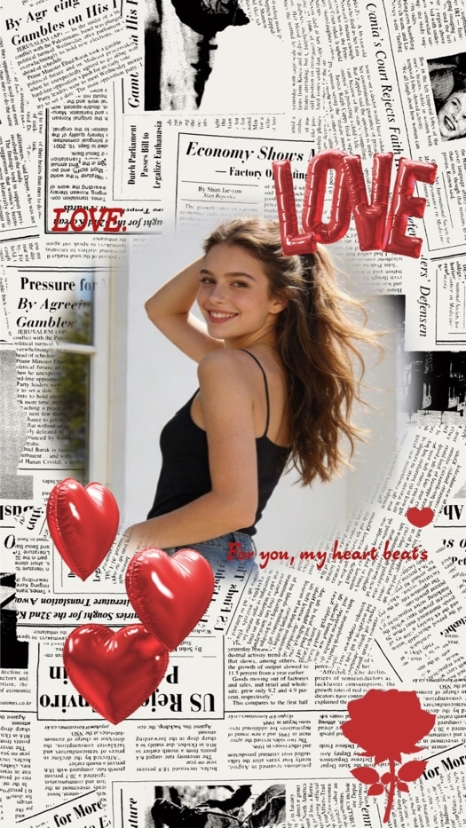 Plantilla de collage de una foto con fondo de periódico vintage, globos de corazones rojos y texto LOVE.