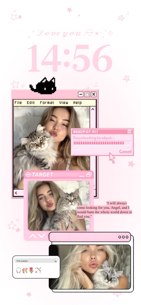 Rosa Y2K Retro Computer Interface Wallpaper-Vorlage mit anpassbaren Bilderrahmen und Pixel-Art Katze.