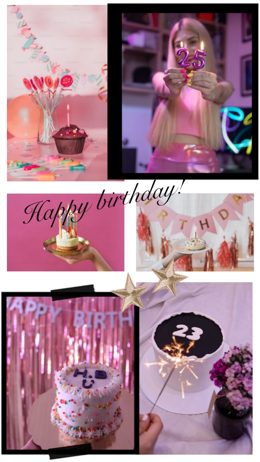 Multi-photo pink birthday collage with cakes, gold stars, washi tape, and Happy Birthday text in a scrapbook style.