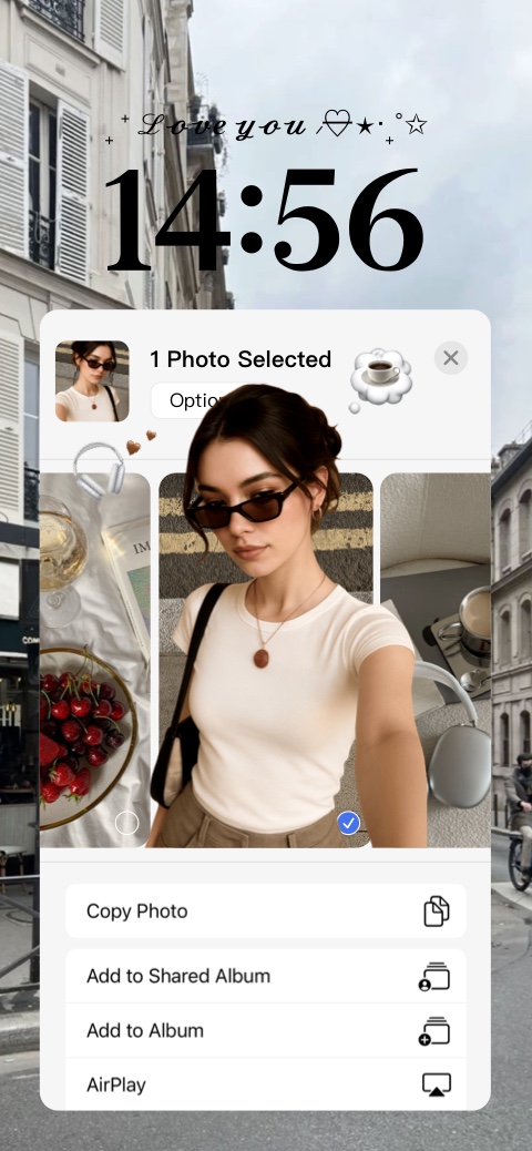 A customizable static wallpaper template featuring a European street background with a photo selection interface overlay, including aesthetic lifestyle photos and editable text.