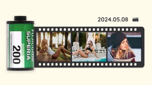 Vintage film strip collage template with a Fuji film roll, three photo frames, and a digital date stamp.