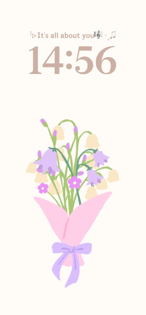 Cute hand-drawn pastel floral bouquet wallpaper template with pink wrap and purple bow for custom phone lock screens.