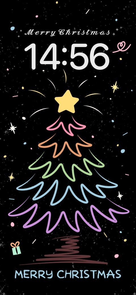 Ein handgezeichneter, bunter Weihnachtsbaum auf schwarzem Grund, anpassbare statische Wallpaper-Vorlage.