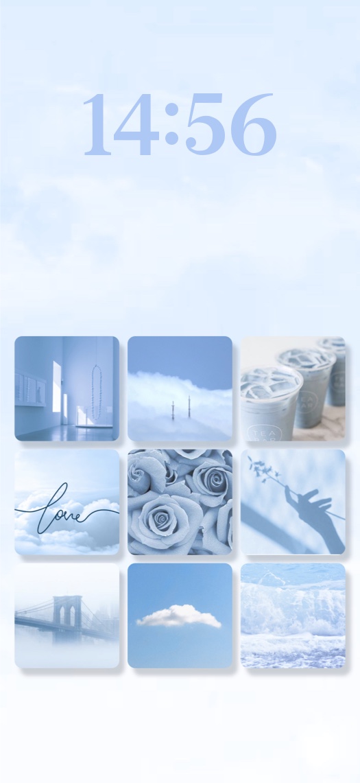 Modèle de fond d'écran collage bleu clair avec neuf emplacements pour photos, incluant des nuages et des roses pour personnalisation DIY.