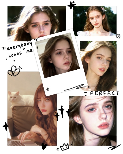 Modèle de montage photo avec six images, agrémenté de gribouillis noirs (étoiles, cœurs, couronne) et d'un cadre central style Polaroid blanc.