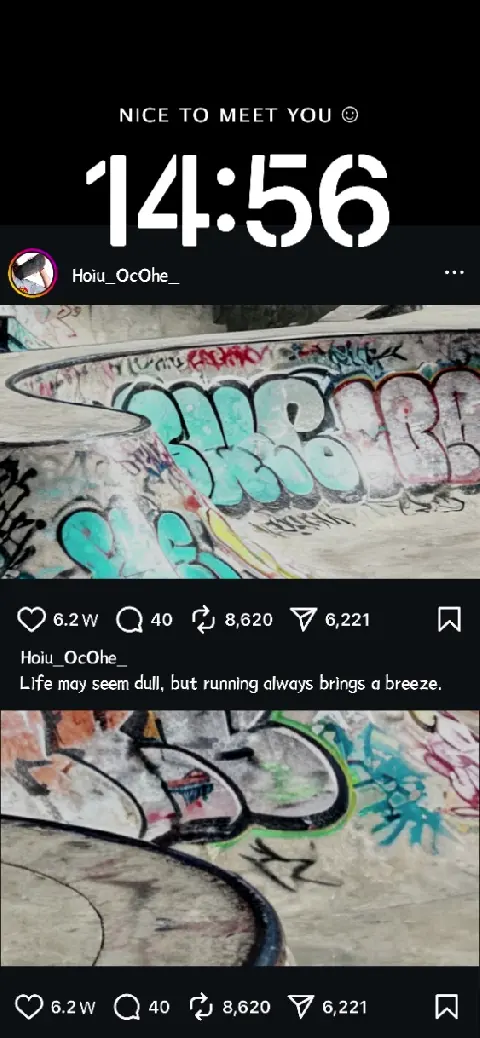 A skatepark bowl covered in colorful graffiti street art with a social media feed overlay live wallpaper template.