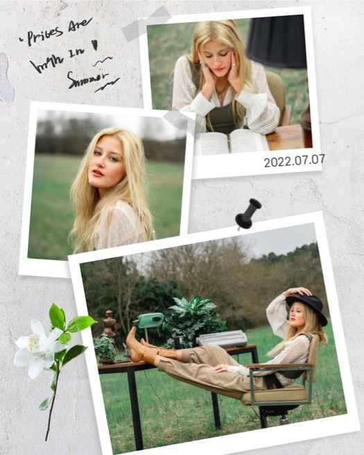 Ein Collagen-Layout mit drei Polaroid-Fotos auf texturiertem Hintergrund, dekoriert mit Washi-Tape, einer Blume und handschriftlichem Text.