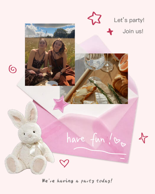 ピンクの封筒とうさぎのぬいぐるみ、手書き風の星やハートが散りばめられた可愛い写真コラージュ。