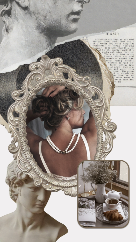 Eine Vintage-Scrapbook-Collage mit klassischen griechischen Statuen, einem verzierten silbernen Rahmen und Zeitungsausschnitten.