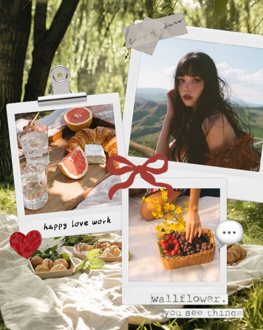 Three Polaroid photos in a scrapbook collage with red ribbon, heart, and picnic background in a sunny park.