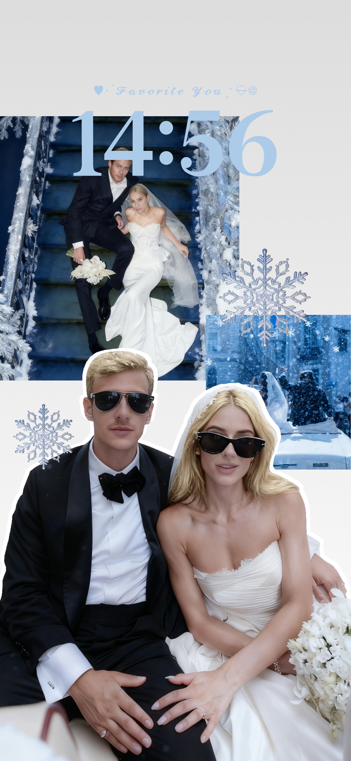 Modèle de collage de fond d'écran de mariage d'hiver personnalisable avec cadres photo et flocons de neige.