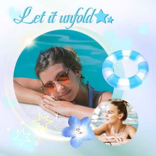 Summer collage template with two photos in circular frames, stars, a blue flower, and a striped swim ring.