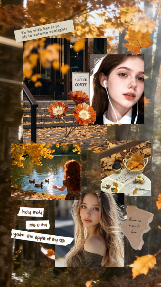 Eine herbstliche Fotocollage im Scrapbook-Stil mit überlappenden Bildern, zerrissenem Papier und herbstlicher Dekoration.