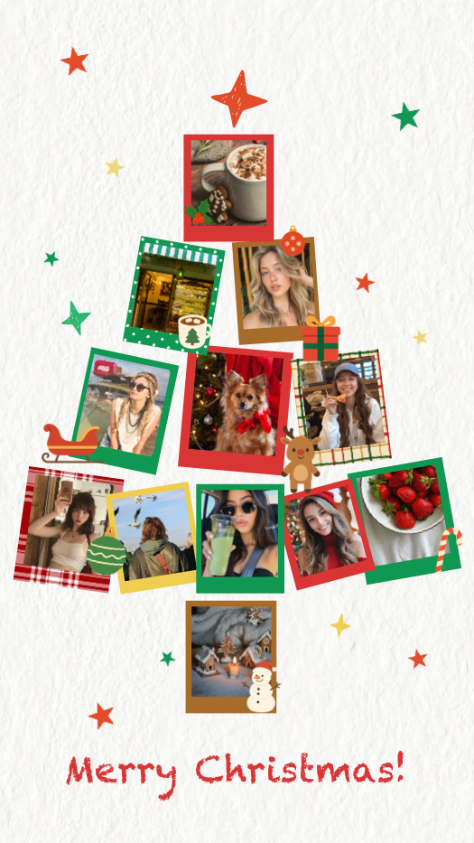 Eine Fotocollage-Vorlage in Form eines Weihnachtsbaums mit verschiedenen Fotorahmen, Weihnachtsstickern wie Schlitten und Rentier sowie dem Text 'Merry Christmas!'.