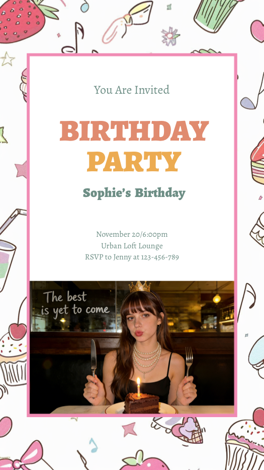 Geburtstagseinladung mit rosa Rahmen und Doodle-Hintergrund (Erdbeeren, Cupcakes, Musiknoten). Oben Einladungstext, unten ein Foto eines Mädchens mit Geburtstagskuchen.