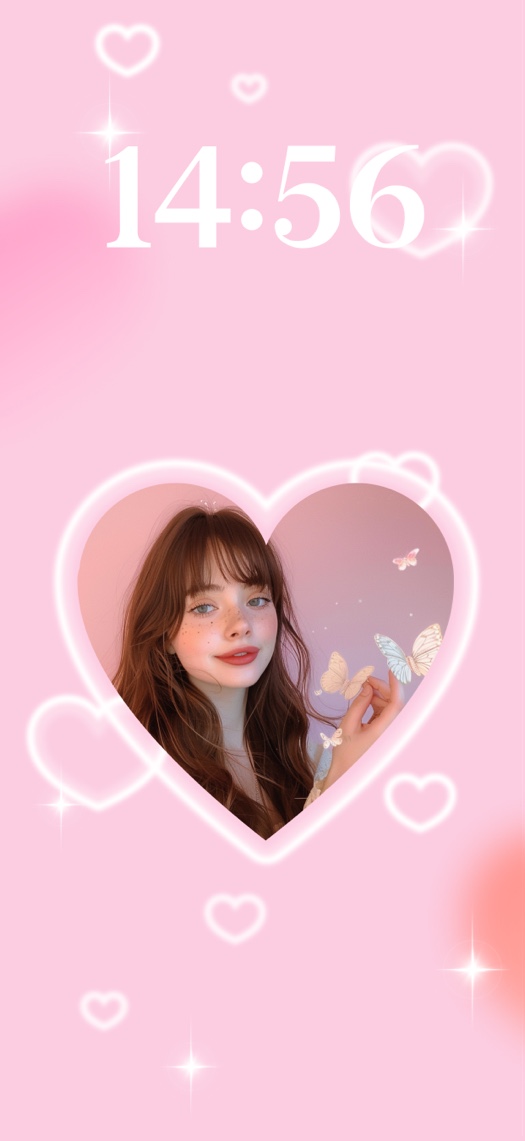 A soft pink aesthetic wallpaper template featuring a central glowing heart-shaped photo frame, floating butterflies, and sparkling star elements for custom DIY editing.