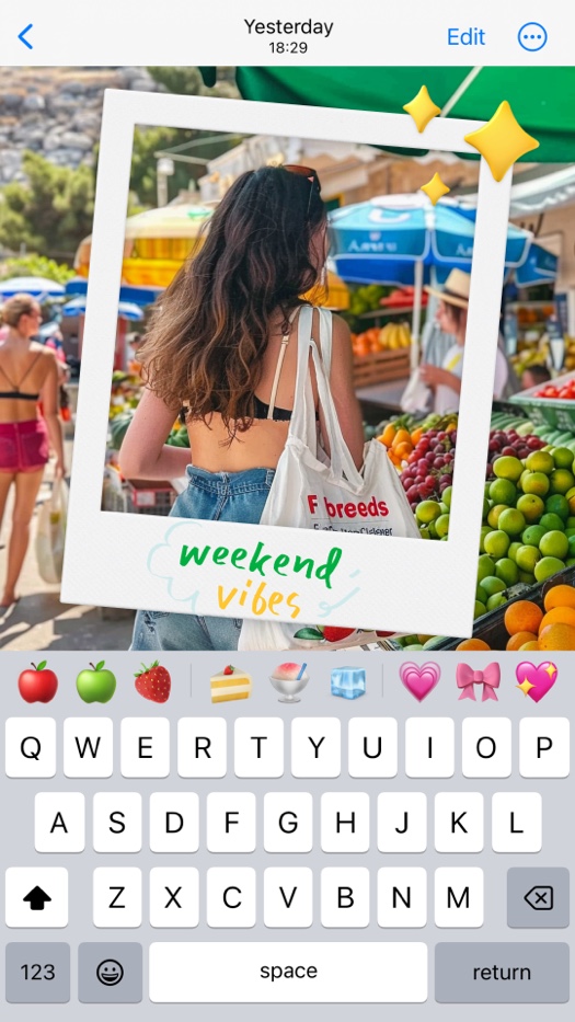 A polaroid-style photo frame overlaying a picture of a woman at a fruit market. The frame features 'weekend vibes' text and yellow star stickers. Below the frame is a mobile phone keyboard interface with various fruit and dessert emojis.