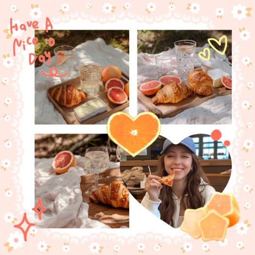 Aesthetic summer picnic collage with four photos, pink floral border, heart-shaped fruit stickers, and hand-drawn text.
