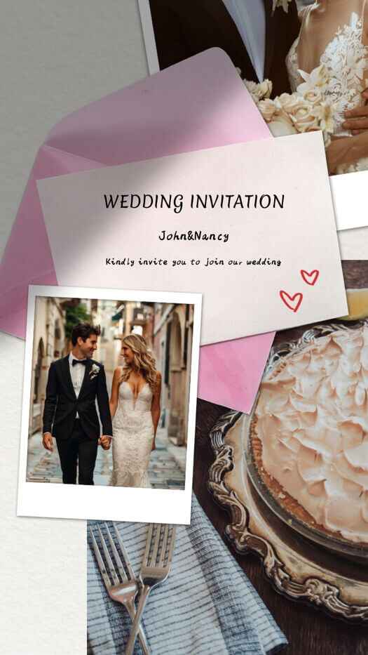 Hochzeitscollage im Scrapbook-Stil mit rosa Umschlag, Polaroidfoto des Paares, Hochzeitstorte und Einladungstext.