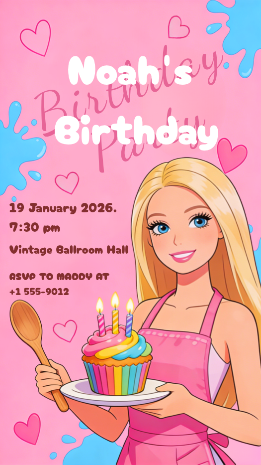A pink birthday invitation template featuring a cartoon blonde girl holding a rainbow cupcake, surrounded by pink hearts and blue paint splats.