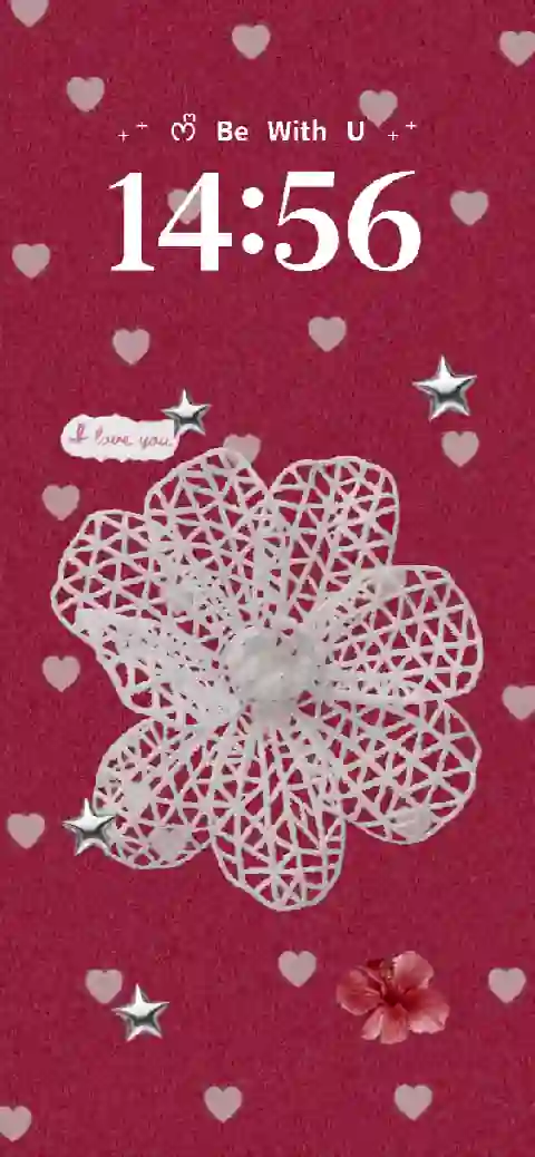 Romantic red live wallpaper template with a white lace flower, silver stars, and heart patterns for DIY customization.