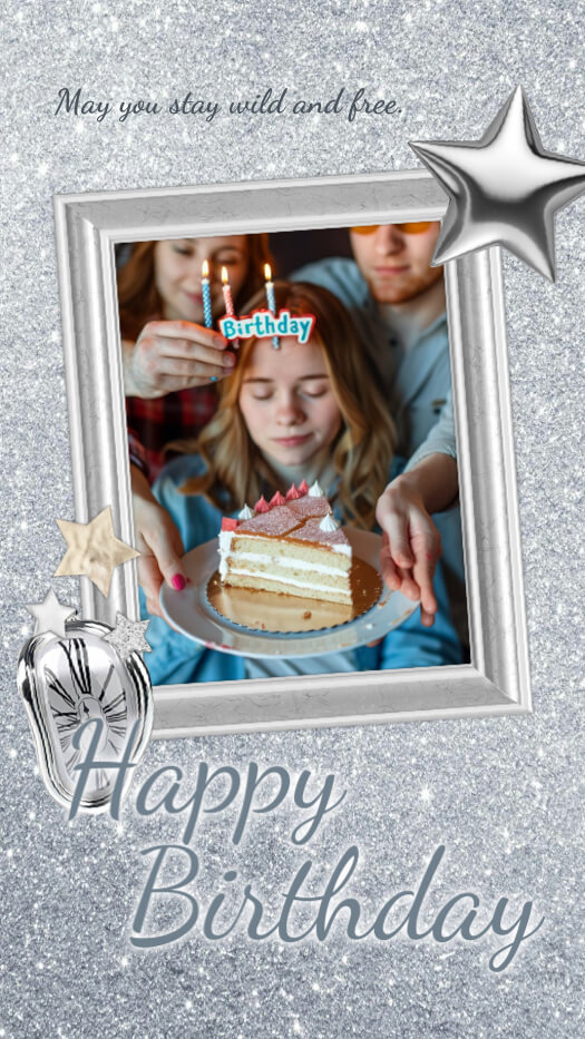 Silver glitter birthday frame with chrome stars and a melting clock for a single photo collage.