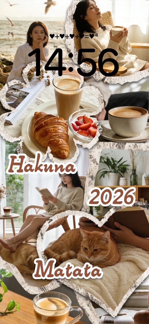 Eine statische Wallpaper-Vorlage mit einer Lifestyle-Collage, abgerissenen Papierrändern, Kaffee-Fotos, einer Katze und anpassbaren Textfeldern.