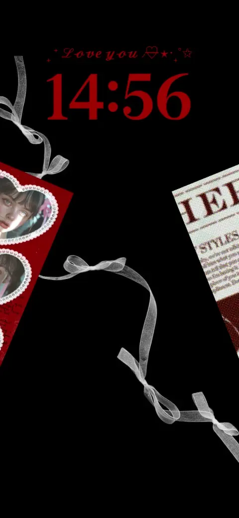 黒背景に白いリボンとハートのレースフレームが配置された、地雷系・量産型スタイルの自作用動く壁紙テンプレート。