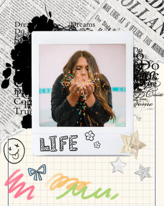 A scrapbook collage featuring a single Polaroid photo on a newspaper and graph paper background with Y2K doodles.