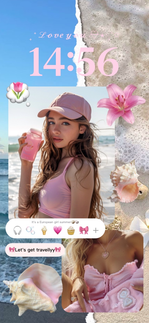 Pink beach aesthetic wallpaper collage with seashells, flowers, and travel text for a custom mobile background.
