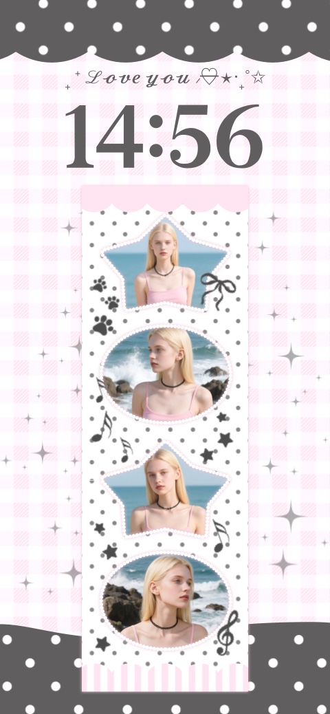 A pink and white gingham wallpaper template with a central white strip containing star and oval shaped photo frames for customization, decorated with music notes and paw prints.