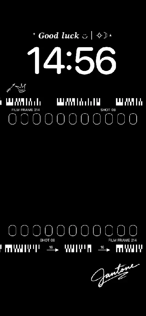 Black minimalist live wallpaper template featuring film frame borders, digital clock, and aesthetic typography.