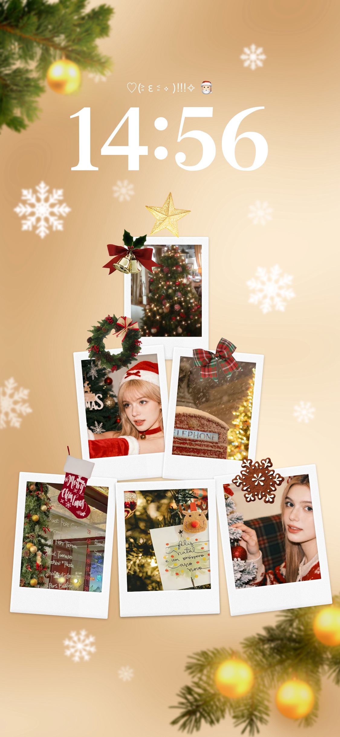 A festive Christmas DIY wallpaper template featuring six Polaroid-style photo frames on a warm gold background with snowflakes and pine branches. It is a customizable static background.