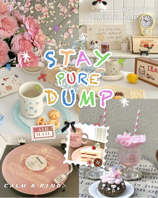Eine Fotocollage mit rosa Rosen, einem Plattenspieler, Café-Szenen und buntem 'STAY PURE DUMP' Text im Scrapbook-Stil.