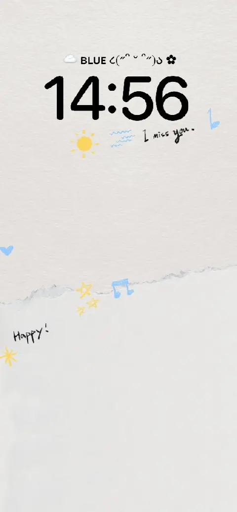 A minimalist white paper texture background with hand-drawn doodles of a sun, stars, and music notes. It includes customizable text areas and a torn-paper divider effect, serving as a DIY live wallpaper template.