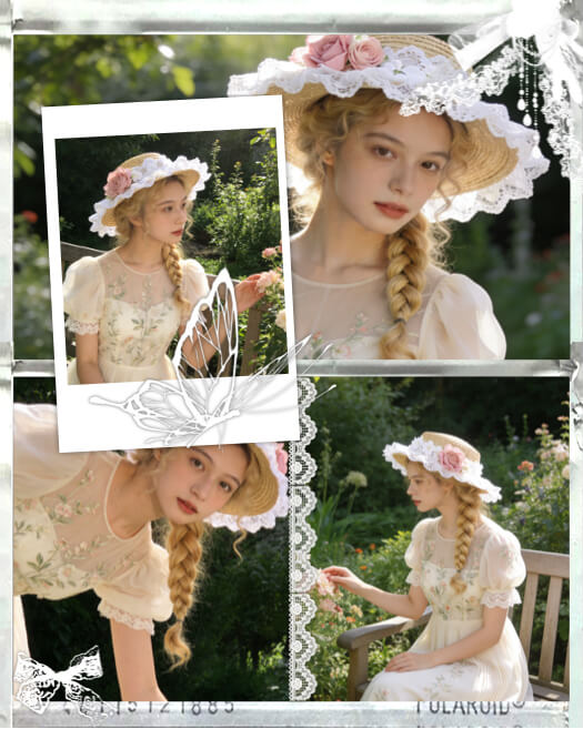 Aesthetic cottagecore collage with four photos of a girl in a lace hat, butterfly overlays, and vintage lace borders.