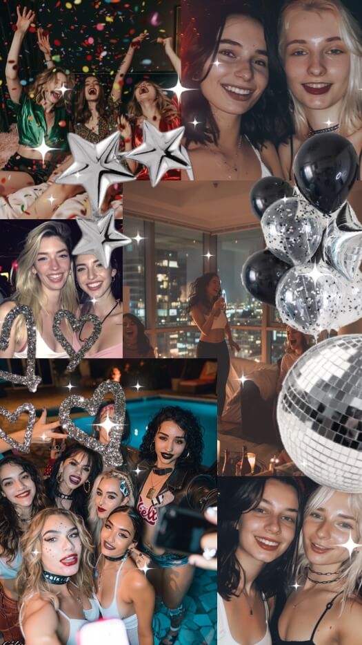 Eine glitzernde Freestyle-Fotocollage mit Bildern von Frauen auf einer Party, dekoriert mit silbernen Sternen, einer Discokugel und Konfetti.