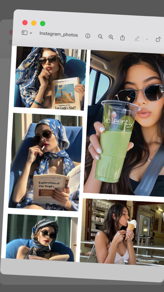 A 5-photo grid collage template inside a macOS window frame. Images feature a woman with a headscarf reading a Van Gogh book, a green smoothie with 'Violently' text, and lifestyle vacation shots in a chic, summer aesthetic.