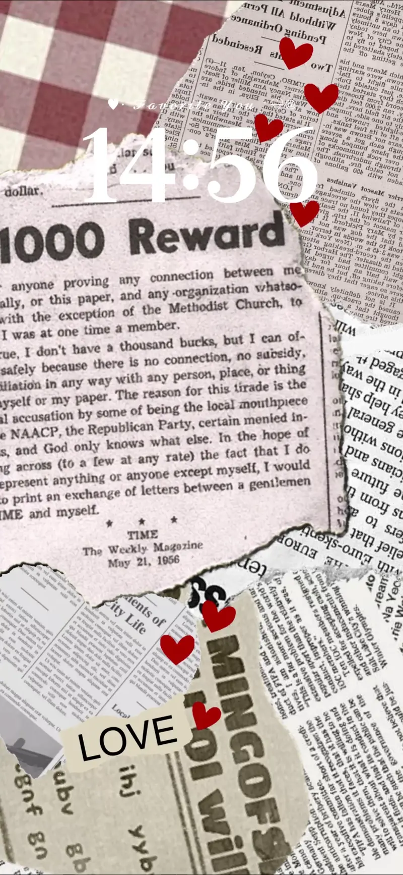 Modèle de fond d'écran animé personnalisable avec des coupures de journaux rétro et des petits cœurs.