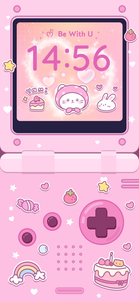 DIY kawaii pink retro flip game console wallpaper with cute cat, bunny, rainbow, and cake stickers for phone customization.