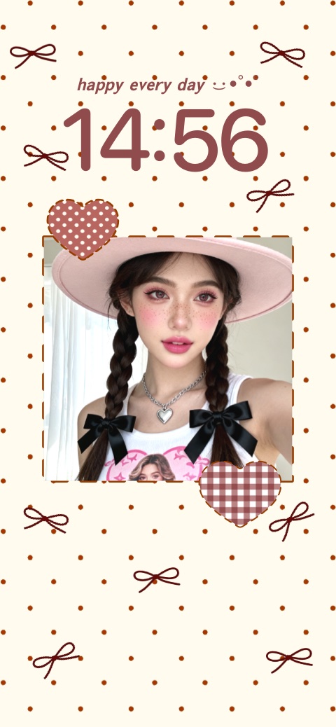 DIY wallpaper template with a coquette aesthetic featuring bows, hearts, polka dots, and a central photo frame.