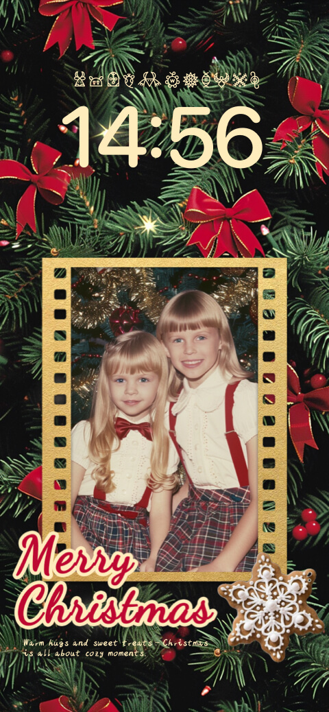 Vintage Christmas phone wallpaper template with gold photo frame, pine branches, red bows, and gingerbread snowflake.