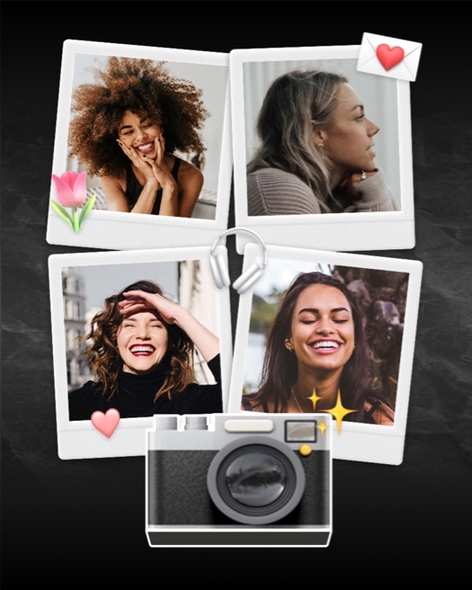 Four Polaroid-style photos arranged in a grid on a black crumpled paper background with camera, tulip, and heart stickers.