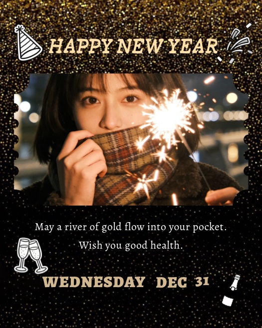 Neujahrs-Fotocollage-Vorlage mit schwarz-goldem Glitzerhintergrund. Zentraler Fotorahmen mit Wellenrand, Text 'Happy New Year' und festliche Symbole wie Champagner und Partyhut.