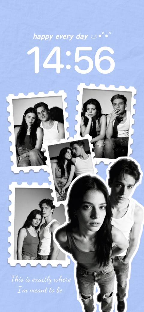 A customizable static wallpaper template featuring a light blue crumpled paper background with multiple postage stamp-style photo frames and editable text areas for a couple's theme.